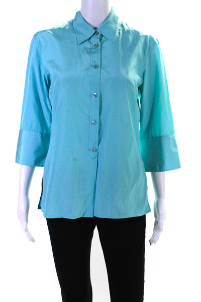 MAG Womens Button Front 3/4 Sleeve Collared Silk Shirt Blue Size 10