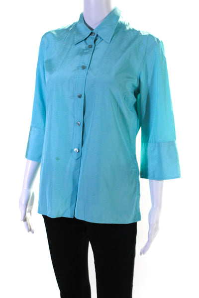 MAG Womens Button Front 3/4 Sleeve Collared Silk Shirt Blue Size 10