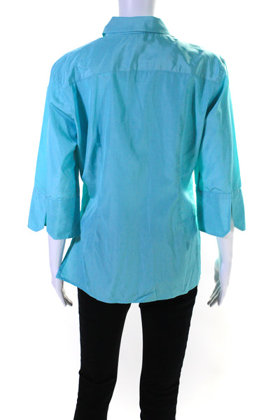 MAG Womens Button Front 3/4 Sleeve Collared Silk Shirt Blue Size 10