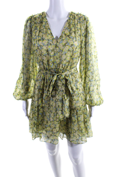 Tanya Taylor Womens Linen Long Sleeve V Neck Floral A Line Dress Green Size XS