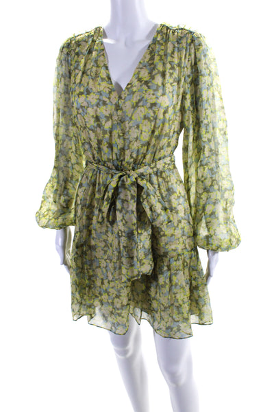 Tanya Taylor Womens Linen Long Sleeve V Neck Floral A Line Dress Green Size XS