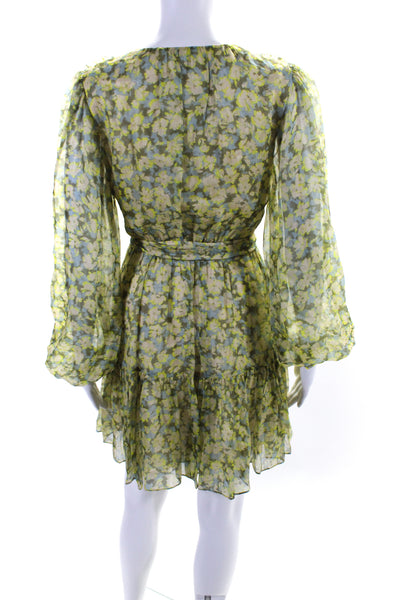 Tanya Taylor Womens Linen Long Sleeve V Neck Floral A Line Dress Green Size XS