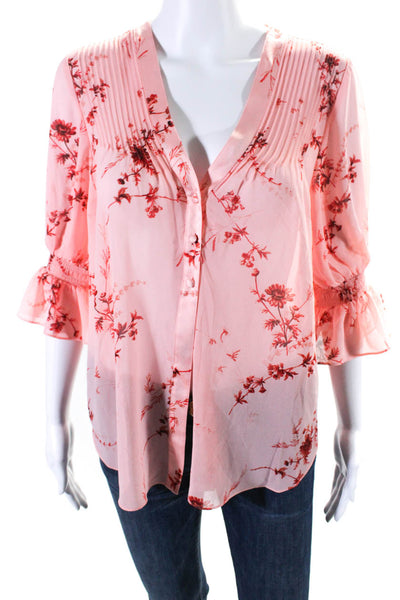 Cinq à Sept Womens Long Sleeve Pleated V Neck Floral Print Blouse Pink Size XS