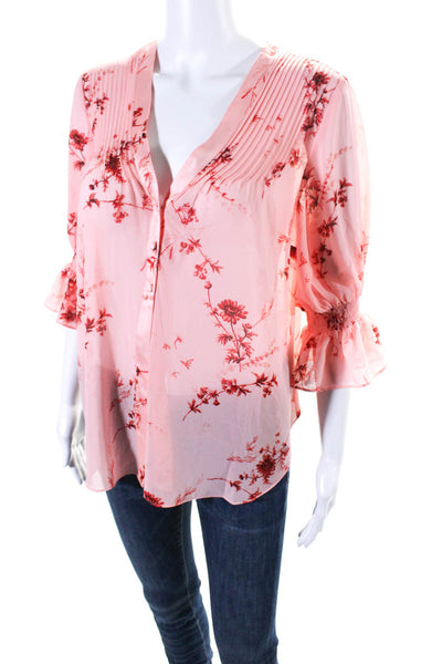 Cinq à Sept Womens Long Sleeve Pleated V Neck Floral Print Blouse Pink Size XS