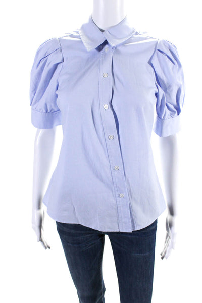 Tanya Taylor Womens Cotton Short Sleeve Asymmetric Buttoned Blouse Blue Size 0