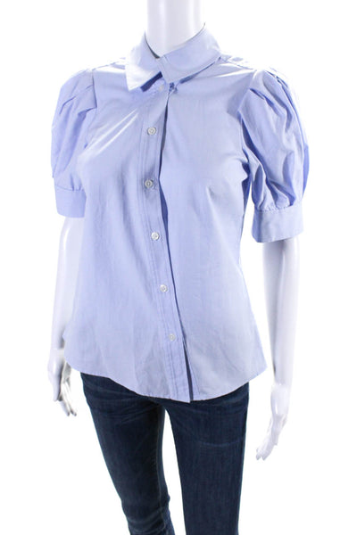 Tanya Taylor Womens Cotton Short Sleeve Asymmetric Buttoned Blouse Blue Size 0