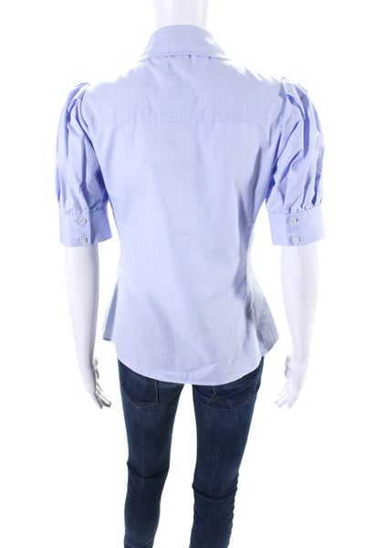 Tanya Taylor Womens Cotton Short Sleeve Asymmetric Buttoned Blouse Blue Size 0