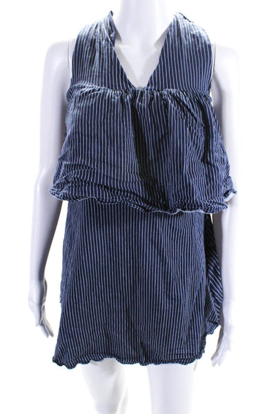 English Factory Women's Sleeveless Ruffle Mini Dress Navy Blue Stripe Size S