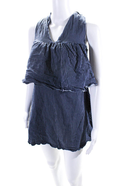 English Factory Women's Sleeveless Ruffle Mini Dress Navy Blue Stripe Size S