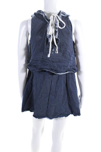 English Factory Women's Sleeveless Ruffle Mini Dress Navy Blue Stripe Size S