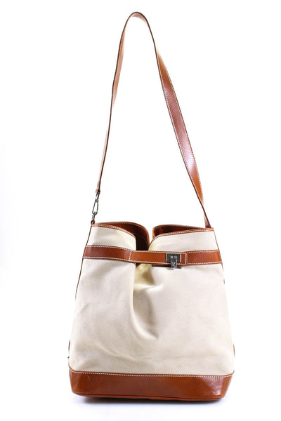 Lambertson Truex Canvas Woven Leather Trim Bucket Shoulder Handbag Beige Brown