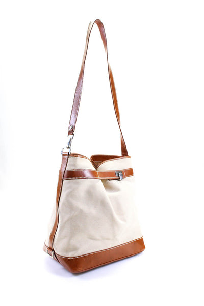 Lambertson Truex Canvas Woven Leather Trim Bucket Shoulder Handbag Beige Brown