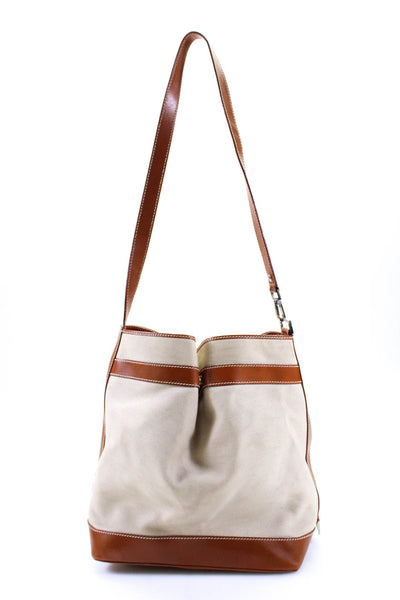 Lambertson Truex Canvas Woven Leather Trim Bucket Shoulder Handbag Beige Brown