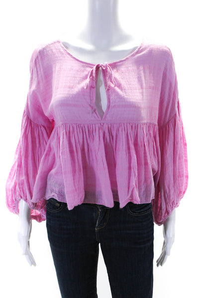 Free People Womens Long Sleeves Key Hole Neck Blouse Pink Cotton Size Small