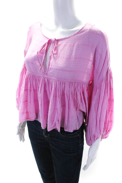 Free People Womens Long Sleeves Key Hole Neck Blouse Pink Cotton Size Small