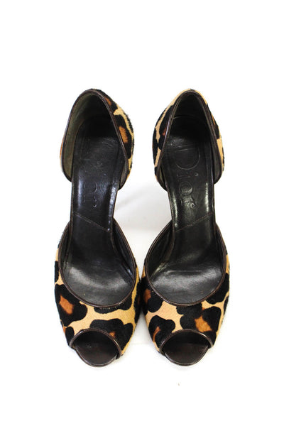 Dior Womens Leopard Print Ponyhair Peep Toe D'orsay Heels Brown Size 5