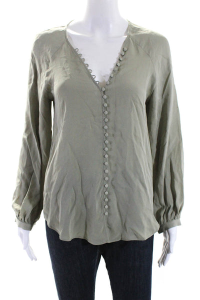 Joie Women's V-Neck Silk Button Down Long Sleeves Blouse Olive Green Size XS