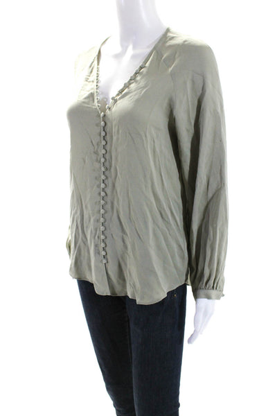 Joie Women's V-Neck Silk Button Down Long Sleeves Blouse Olive Green Size XS