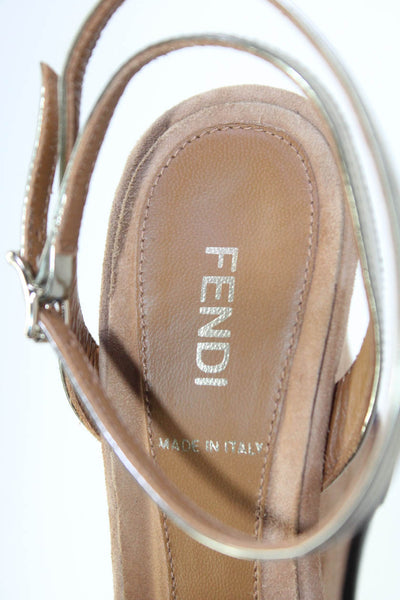 Fendi Womens Suede Slingbacks Platform Wedge Sandals Brown Gold Size 237 7