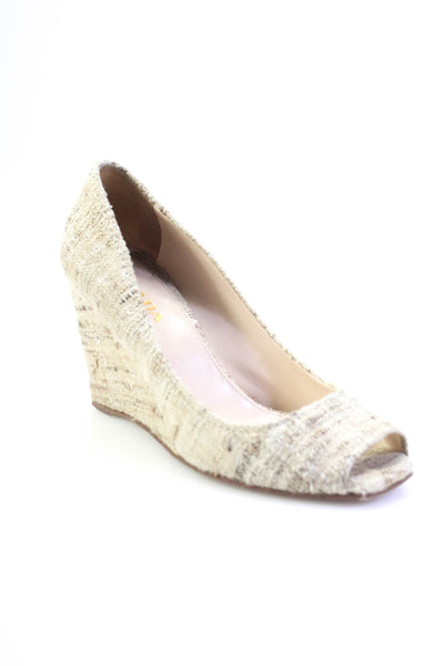 Prada Womens Tweed Open Toe Slide On Bourette Wedge Pumps Beige Size 37 7