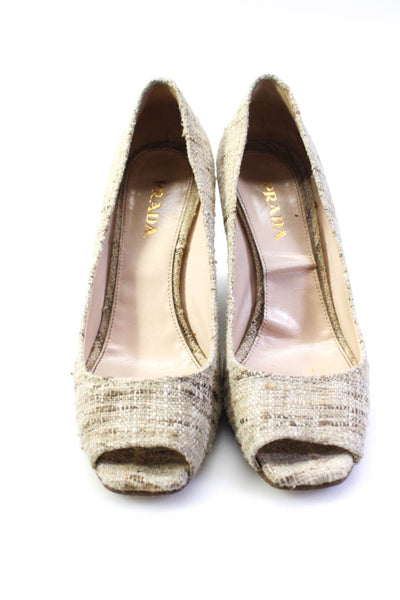 Prada Womens Tweed Open Toe Slide On Bourette Wedge Pumps Beige Size 37 7