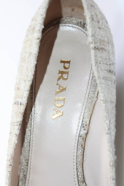 Prada Womens Tweed Open Toe Slide On Bourette Wedge Pumps Beige Size 37 7