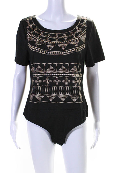 Carmin Womens Geometric Studded Short Sleeve Buttoned Bodysuit Black Size 2X