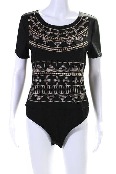 Carmin Womens Round Neck Geometric Studded Short Sleeve Bodysuit Black Size L