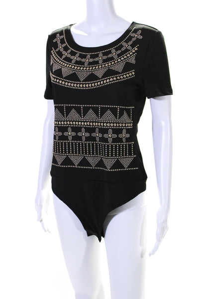 Carmin Womens Round Neck Geometric Studded Short Sleeve Bodysuit Black Size L