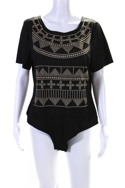 Carmin Womens Geometric Studded Short Sleeve Slip-On Bodysuit Black Size 3X