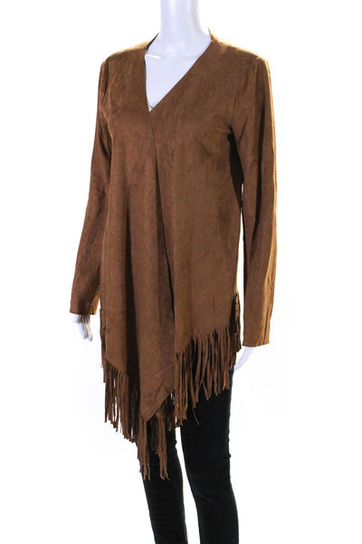 Comme USA Womens Open Front Long Sleeve Frayed Textured Jacket Brown Size M