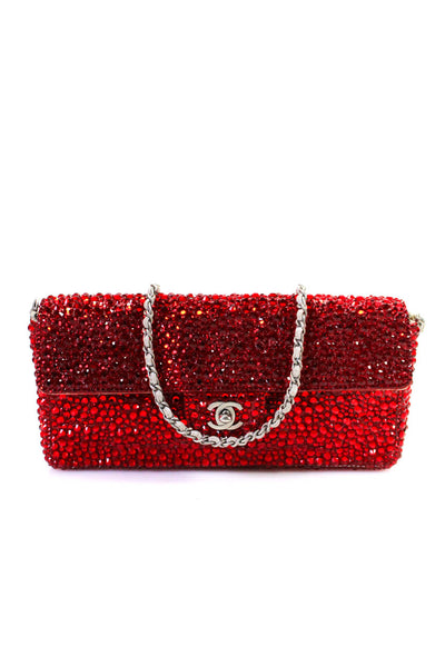 Chanel Womens Single Strap CC Turnlock Flap Crystal Shoulder Handbag Red