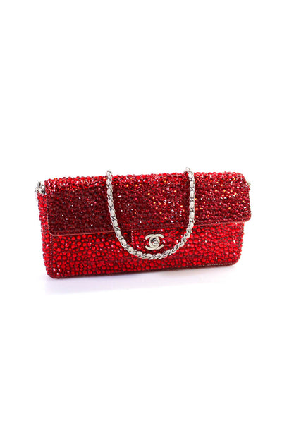 Chanel Womens Single Strap CC Turnlock Flap Crystal Shoulder Handbag Red