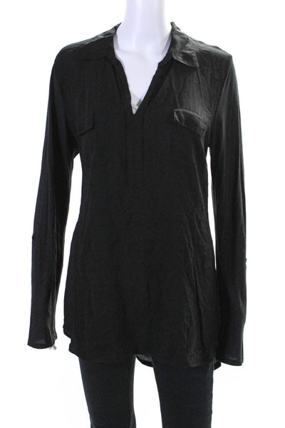 Splendid Womens Long Sleeves Collared V Neck Pullover Blouse Black Size Large