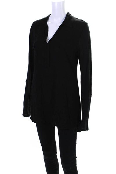 Splendid Womens Long Sleeves Collared V Neck Pullover Blouse Black Size Large