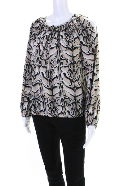 Fifteen Twenty Womens Silk Animal Print Key Hole Neck Blouse Beige Black Size Sm