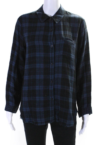 Stateside Womens Plaid Long Sleeves Button Down Shirt Blue Black Size Small