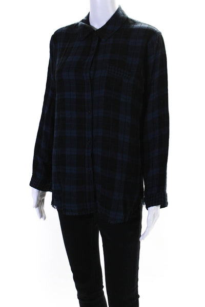 Stateside Womens Plaid Long Sleeves Button Down Shirt Blue Black Size Small