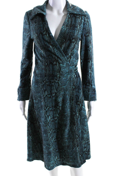 Eva Franco Women's 3/Sleeves Wrap Tie Waist Snake Print Midi Dress Blue Size 8