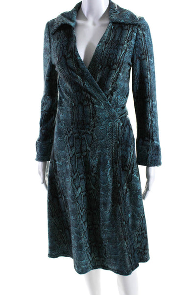 Eva Franco Women's 3/Sleeves Wrap Tie Waist Snake Print Midi Dress Blue Size 8