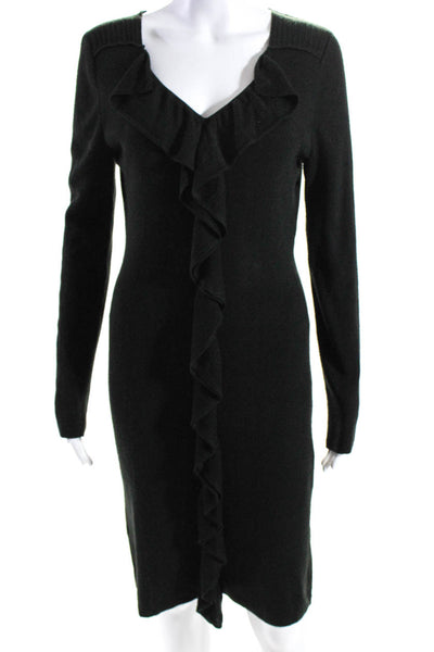 Calvin Klein Women's V-Neck Long Sleeves Ruffle Fitted Midi Dress Black Size M