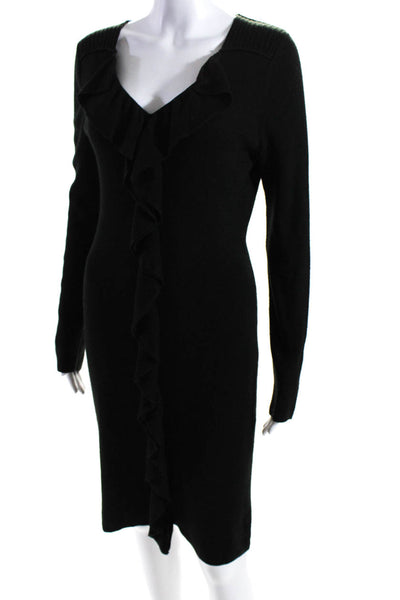 Calvin Klein Women's V-Neck Long Sleeves Ruffle Fitted Midi Dress Black Size M