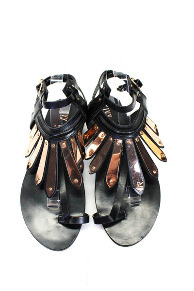 Ivy Kirzhner Women's Toe Loop T-Straps Embellish Flat Sandals Black Size 9