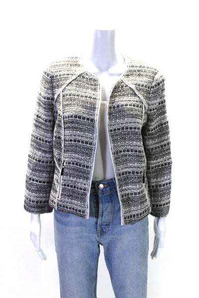 Worth Womens Cotton Woven Textured Striped Zipped Open Front Blazer Gray Size 12