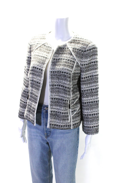 Worth Womens Cotton Woven Textured Striped Zipped Open Front Blazer Gray Size 12