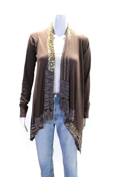 Rachel Roy Womens Cotton Sequined Trimmed Open Front Cardigan Brown Size XS