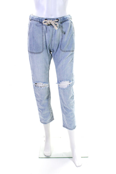 One Teaspoon Womens Blue Distress Ripped Drawstring Straight Leg Jeans Size XS