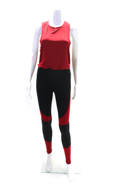 ALALA Womens Red Black Color Block Active Pants Leggings Tank Top Set Size XS