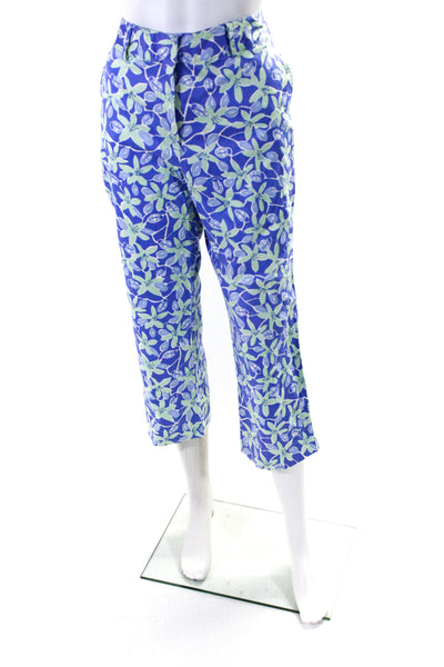 Lilly Pulitzer Womens High Rise Floral Cropped Pants Blue Green Cotton Size 12