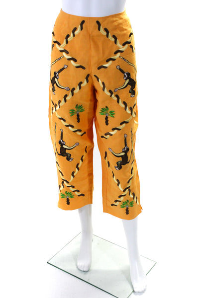 CJ Laing Womens High Rise Money Embroidered Cropped Pants Orange Linen Size 12